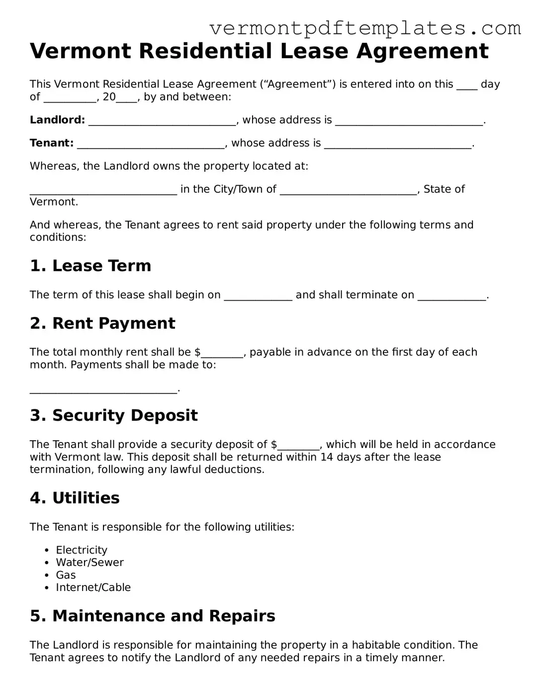 Residential Lease Agreement Template for Vermont State