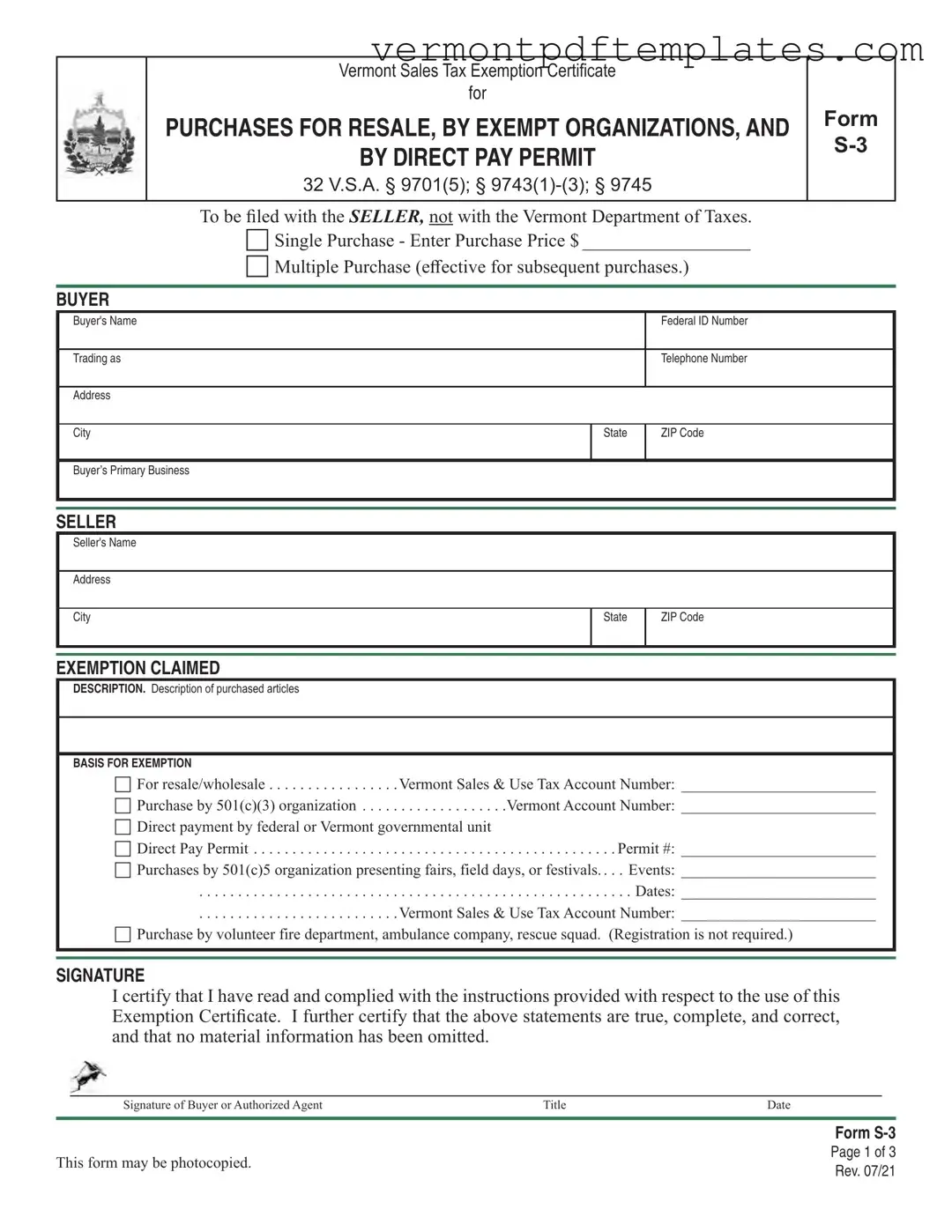 Printable Vermont S 3 Template