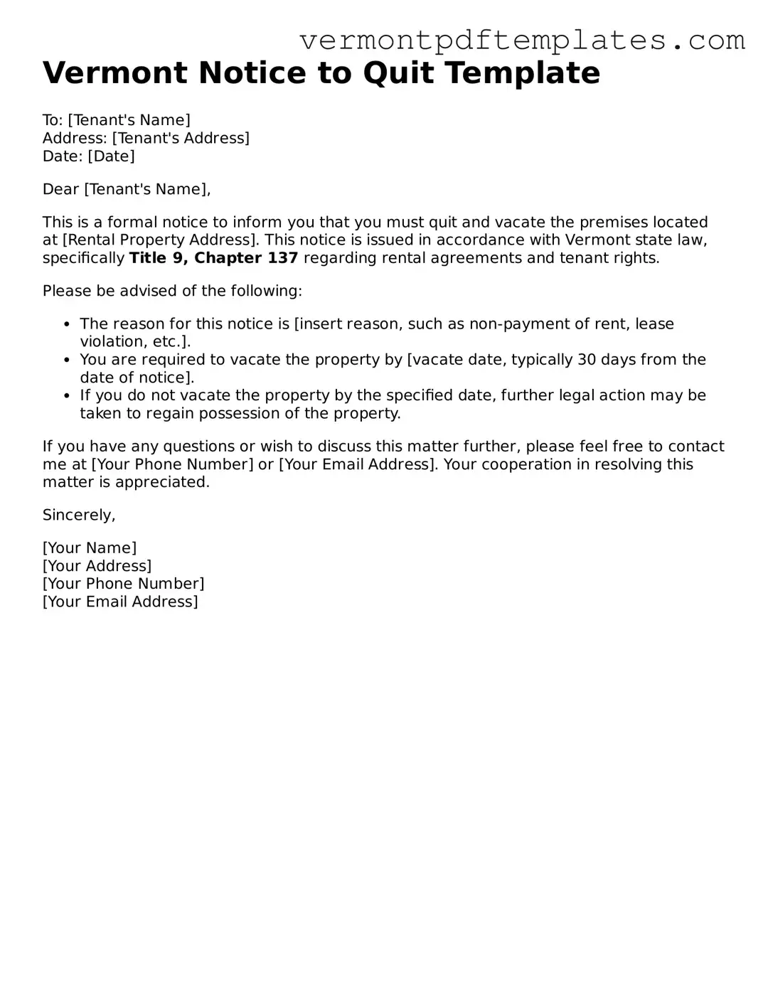 Notice to Quit Template for Vermont State