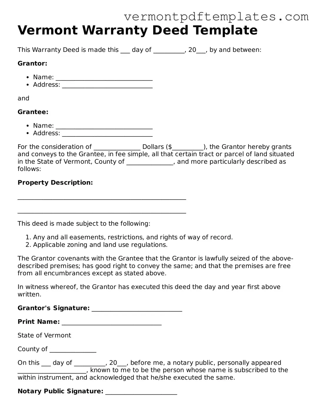 Deed Template for Vermont State